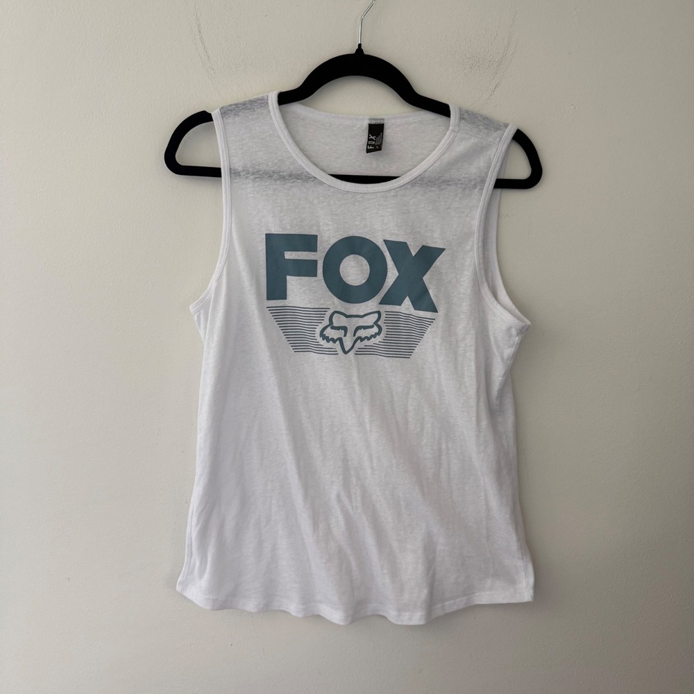 Fox Racing Womens Muscle Tank Top White Blue Graphic Logo Size L 22851
